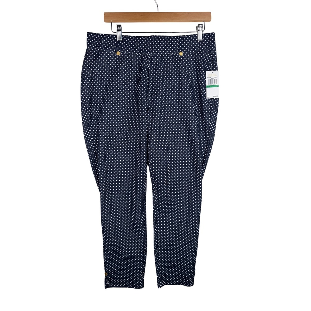 NWT Michael Kors Polka Dot Elastic Waist Ankle Pants size Large Blue/White